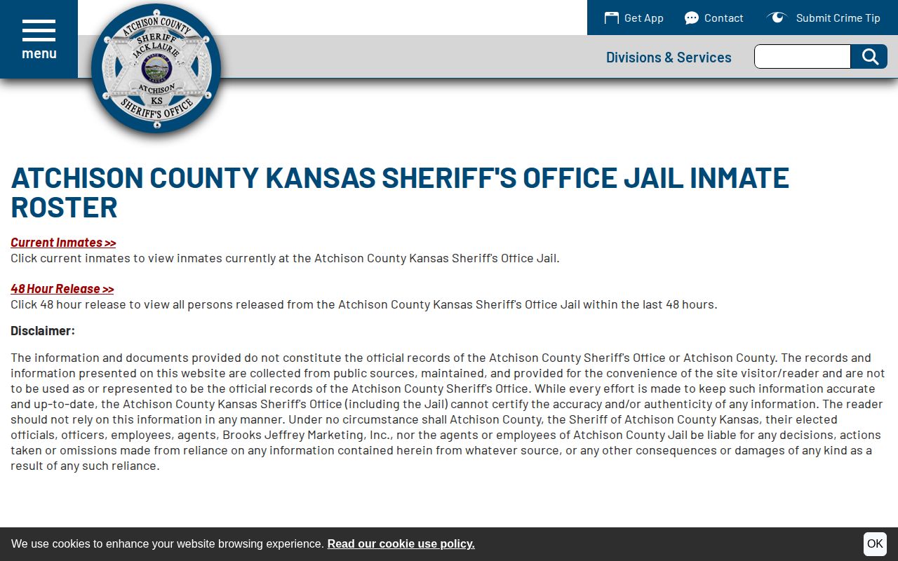 Atchison County jail roster disclaimer for busted mugshot and booking records